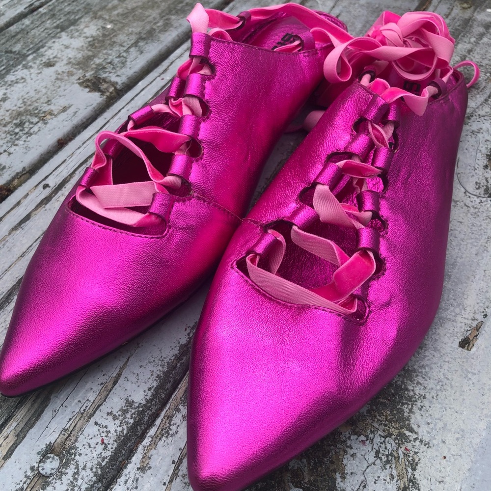 Metallic Hot Pink Lace-Up Flats
